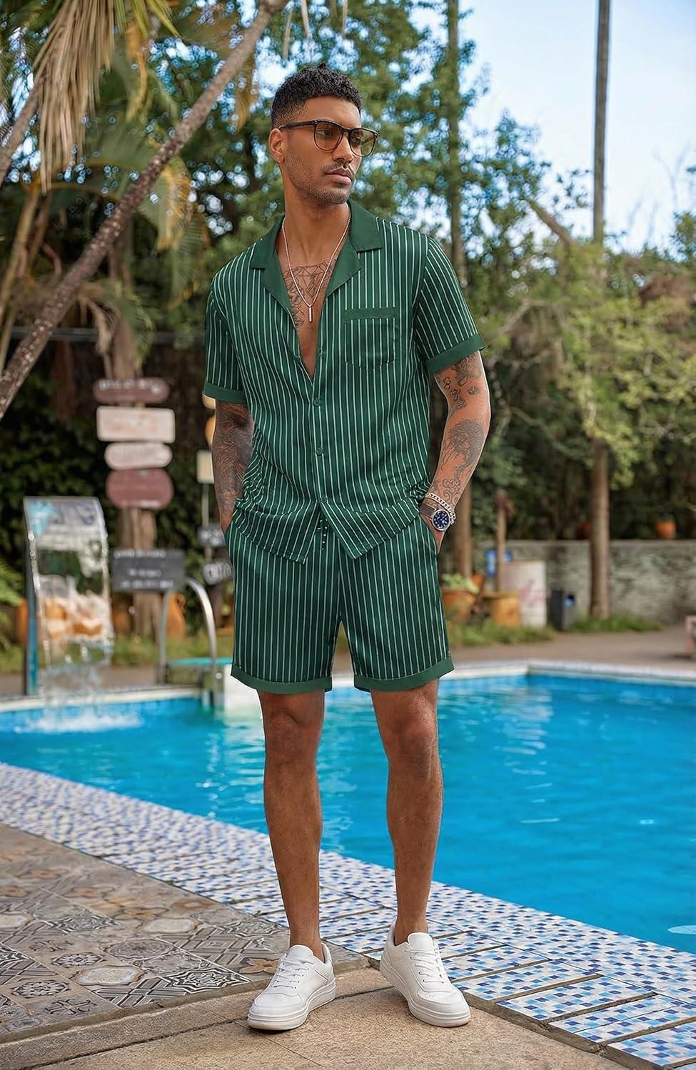 imageEkouaer Men Satin Silk Pajamas Set with Pockets Sleepwear Shorts Satin Summer Loungewear 2 Piece Button Down Set S3XLGreen Striped