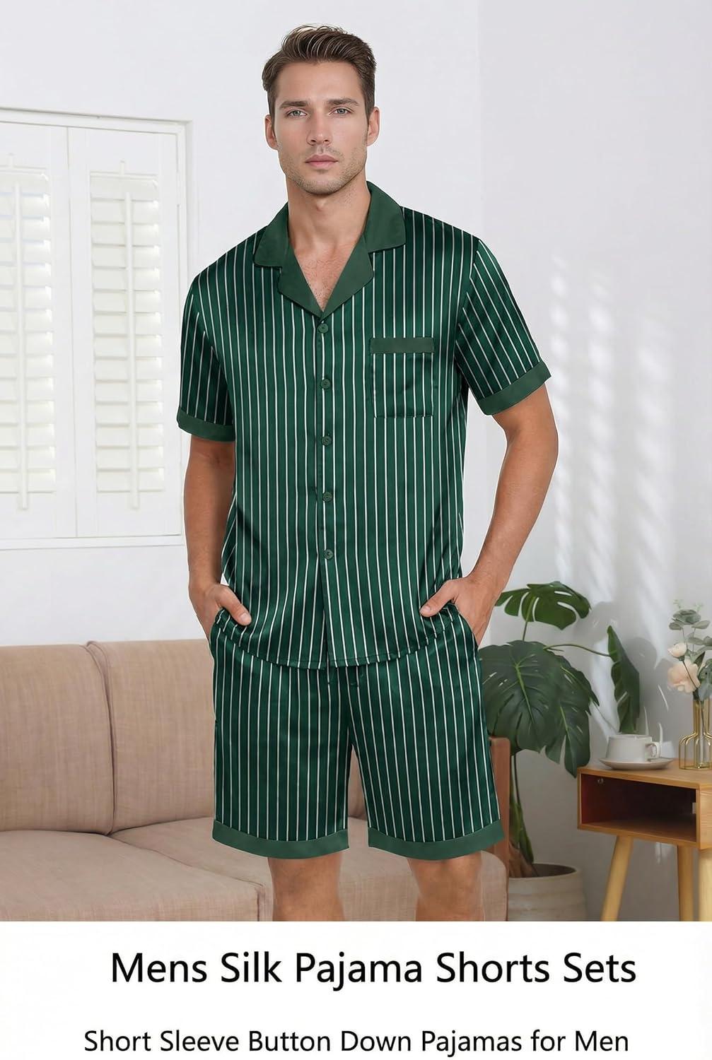 imageEkouaer Men Satin Silk Pajamas Set with Pockets Sleepwear Shorts Satin Summer Loungewear 2 Piece Button Down Set S3XLGreen Striped