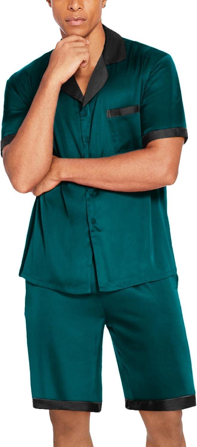 imageEkouaer Men Satin Silk Pajamas Set with Pockets Sleepwear Shorts Satin Summer Loungewear 2 Piece Button Down Set S3XLLake Green
