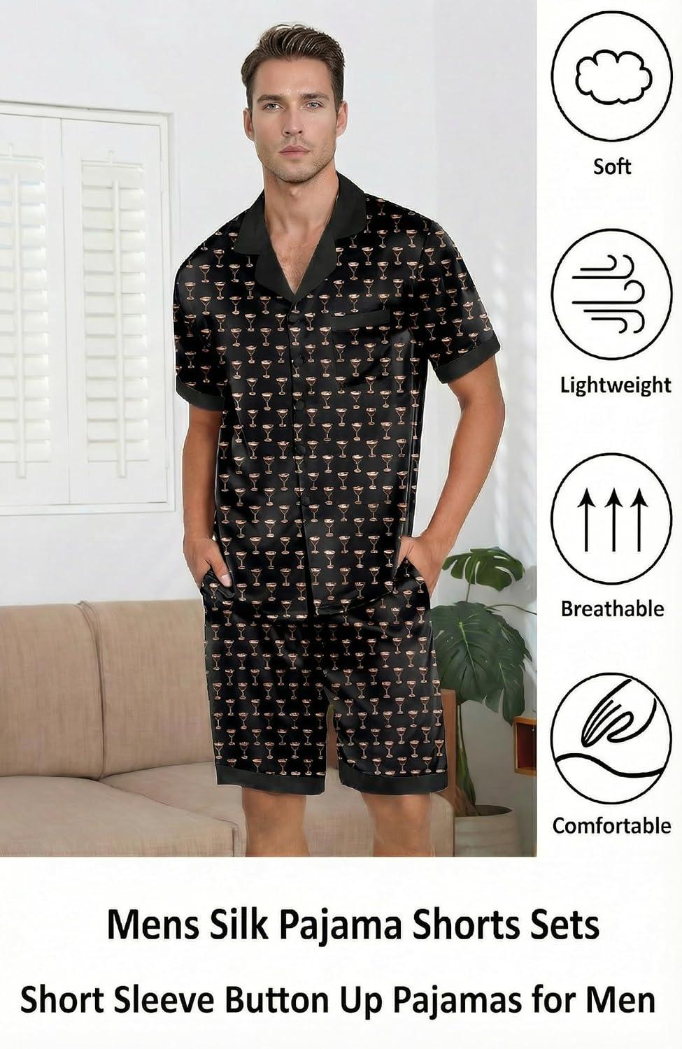 imageEkouaer Men Satin Silk Pajamas Set with Pockets Sleepwear Shorts Satin Summer Loungewear 2 Piece Button Down Set S3XLMartini