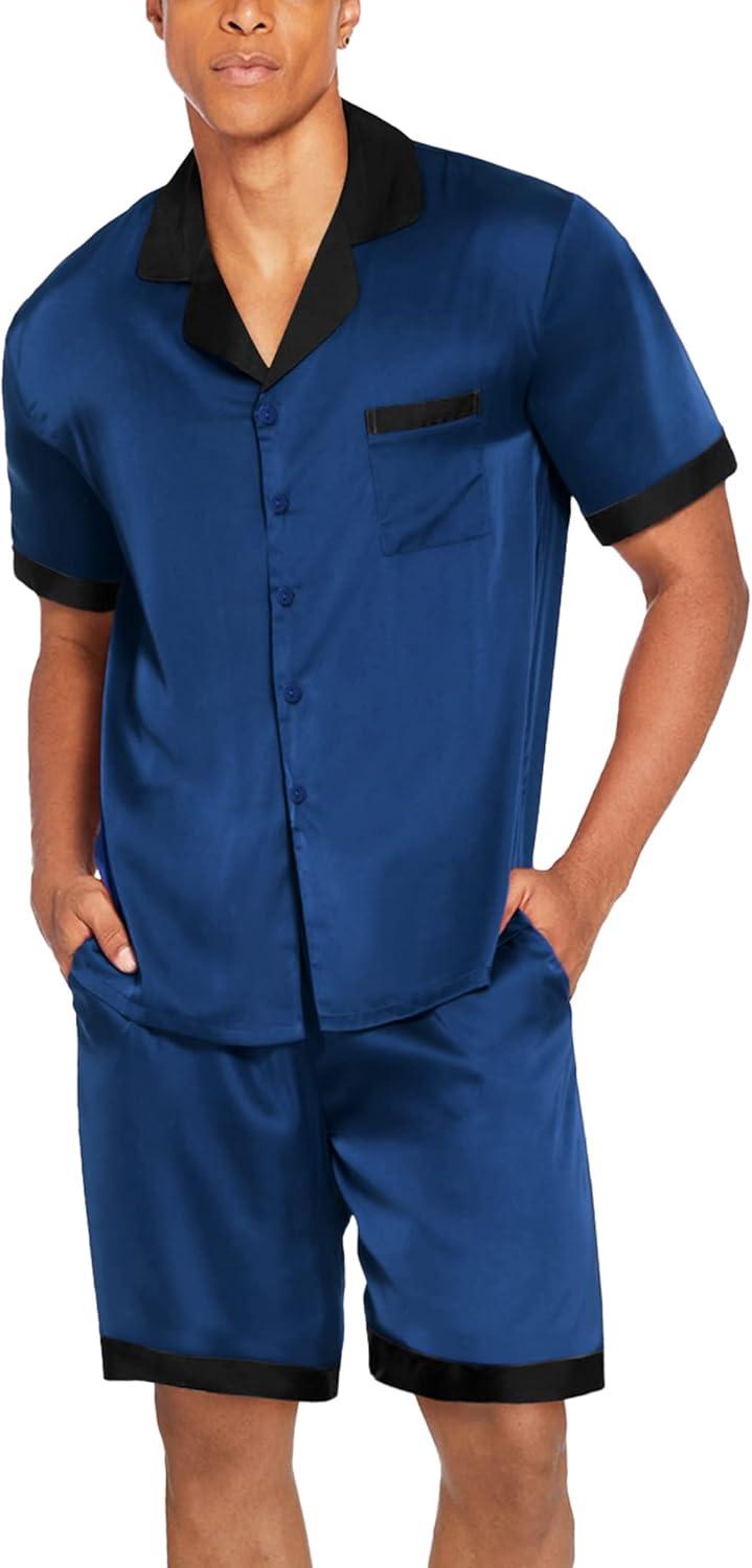 imageEkouaer Men Satin Silk Pajamas Set with Pockets Sleepwear Shorts Satin Summer Loungewear 2 Piece Button Down Set S3XLNavy Blue