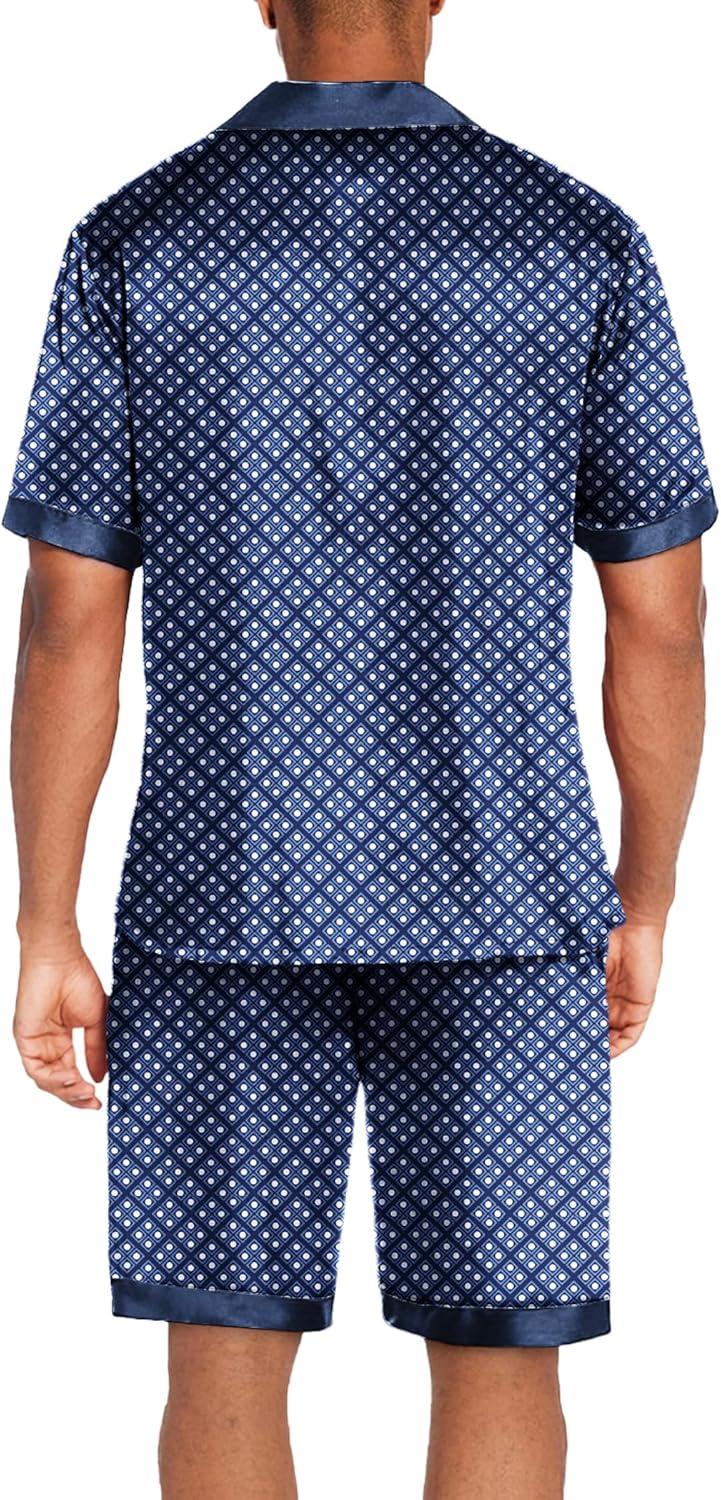 imageEkouaer Men Satin Silk Pajamas Set with Pockets Sleepwear Shorts Satin Summer Loungewear 2 Piece Button Down Set S3XLNavy Blue Geometry