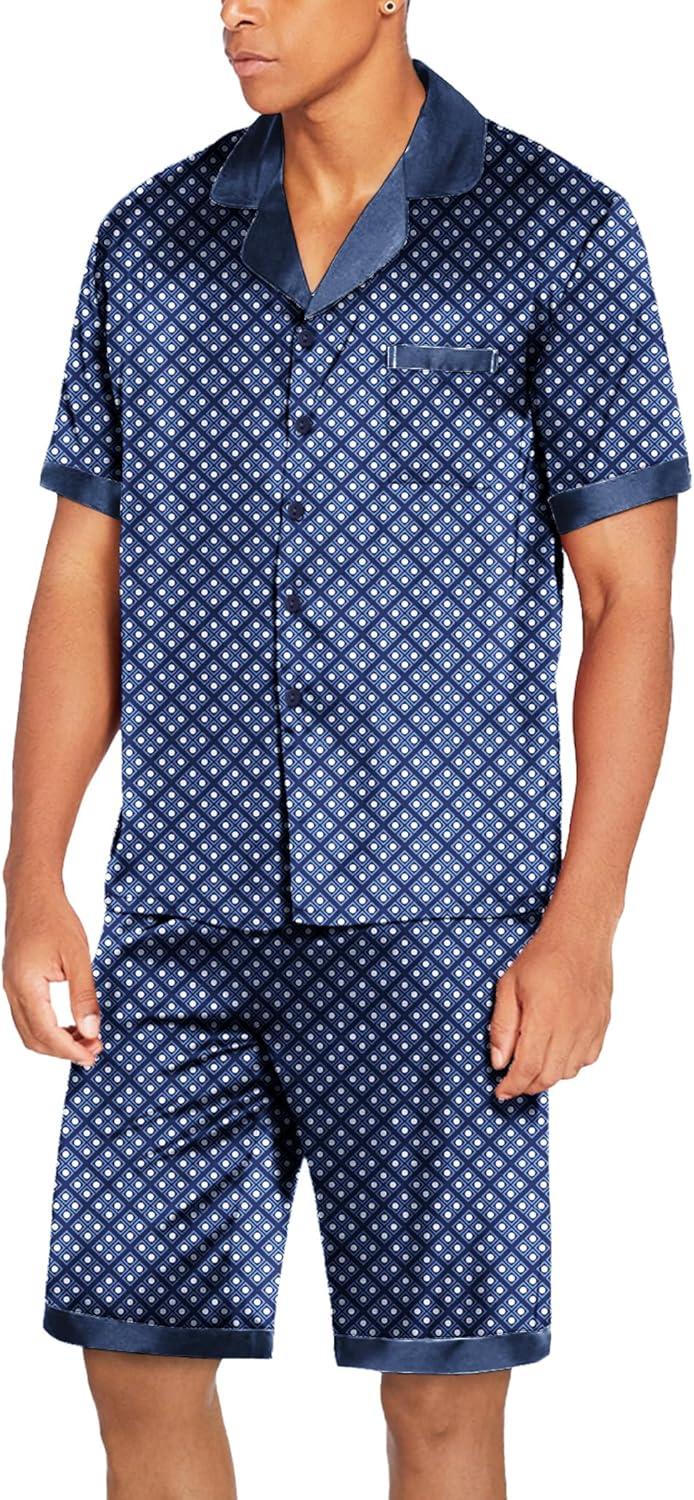 imageEkouaer Men Satin Silk Pajamas Set with Pockets Sleepwear Shorts Satin Summer Loungewear 2 Piece Button Down Set S3XLNavy Blue Geometry