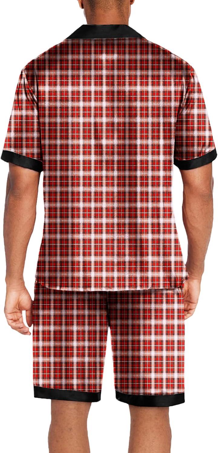 imageEkouaer Men Satin Silk Pajamas Set with Pockets Sleepwear Shorts Satin Summer Loungewear 2 Piece Button Down Set S3XLRed Plaid