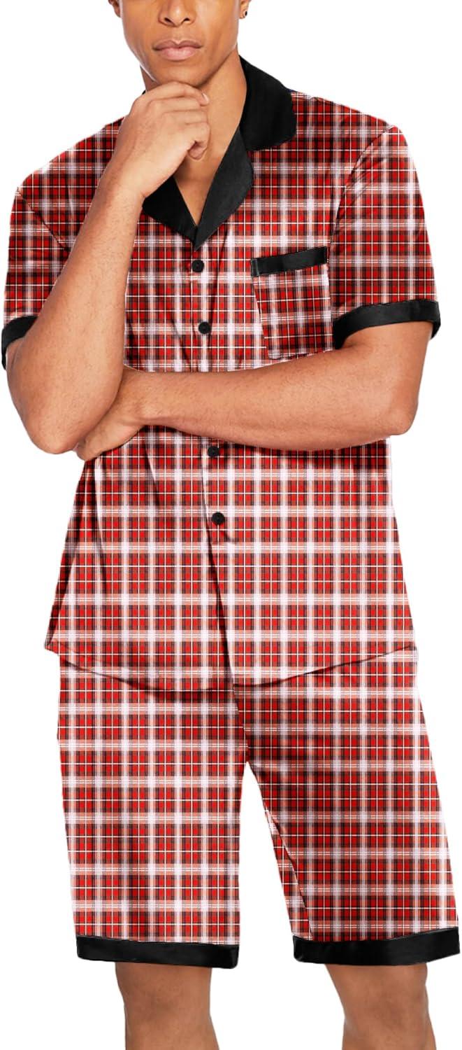 imageEkouaer Men Satin Silk Pajamas Set with Pockets Sleepwear Shorts Satin Summer Loungewear 2 Piece Button Down Set S3XLRed Plaid