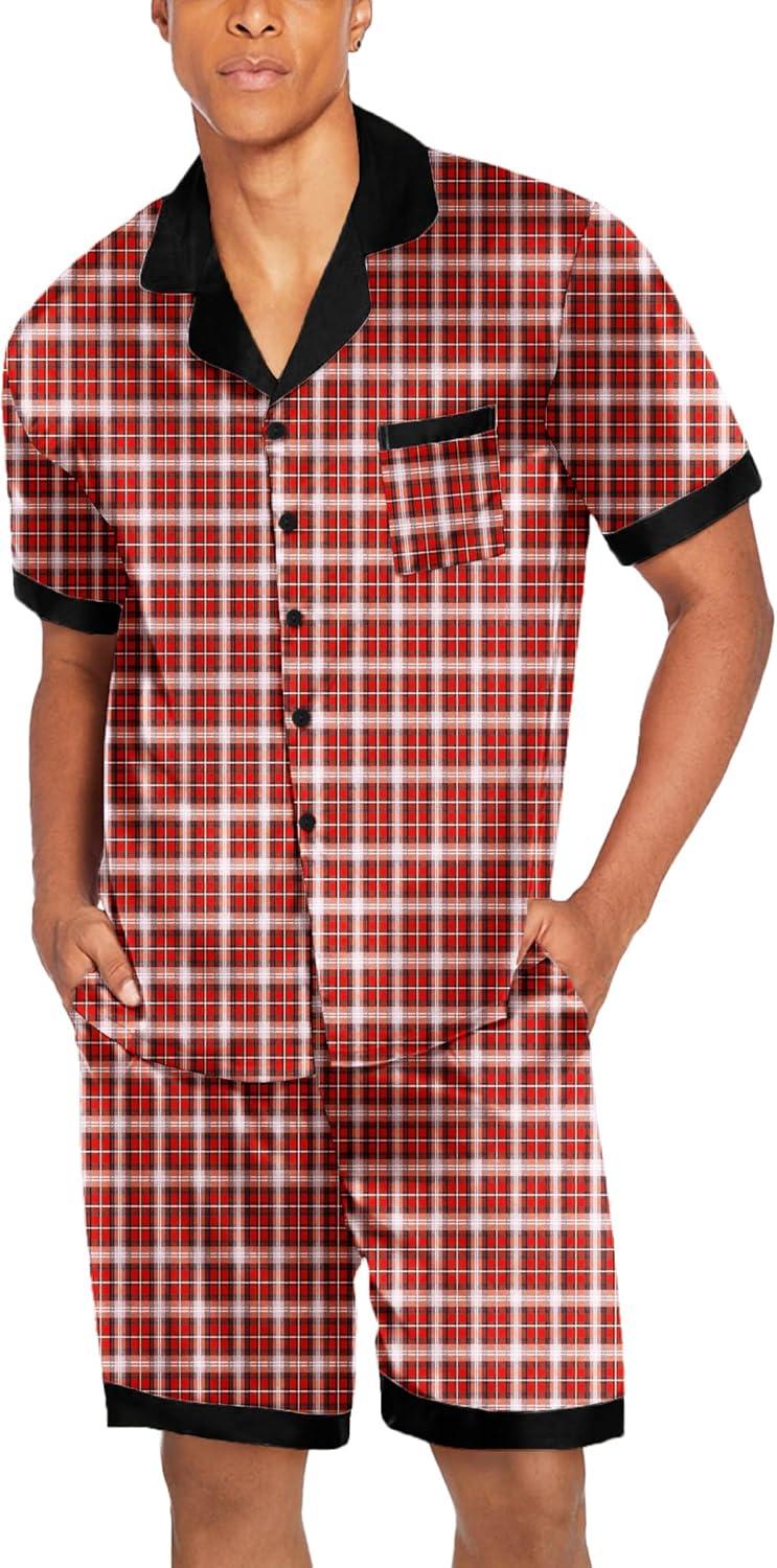 imageEkouaer Men Satin Silk Pajamas Set with Pockets Sleepwear Shorts Satin Summer Loungewear 2 Piece Button Down Set S3XLRed Plaid