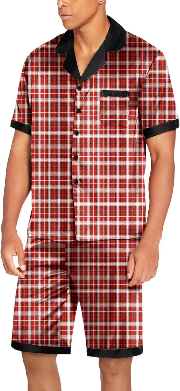 imageEkouaer Men Satin Silk Pajamas Set with Pockets Sleepwear Shorts Satin Summer Loungewear 2 Piece Button Down Set S3XLRed Plaid