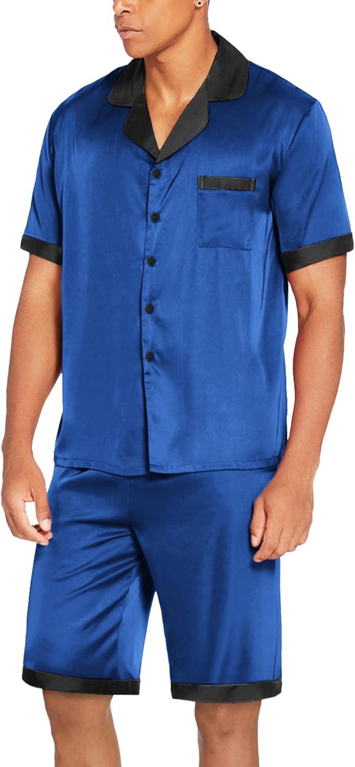 imageEkouaer Men Satin Silk Pajamas Set with Pockets Sleepwear Shorts Satin Summer Loungewear 2 Piece Button Down Set S3XLRoyal Blue