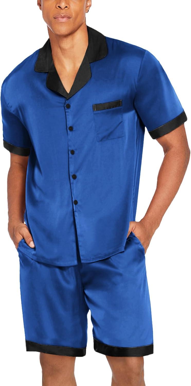 imageEkouaer Men Satin Silk Pajamas Set with Pockets Sleepwear Shorts Satin Summer Loungewear 2 Piece Button Down Set S3XLRoyal Blue