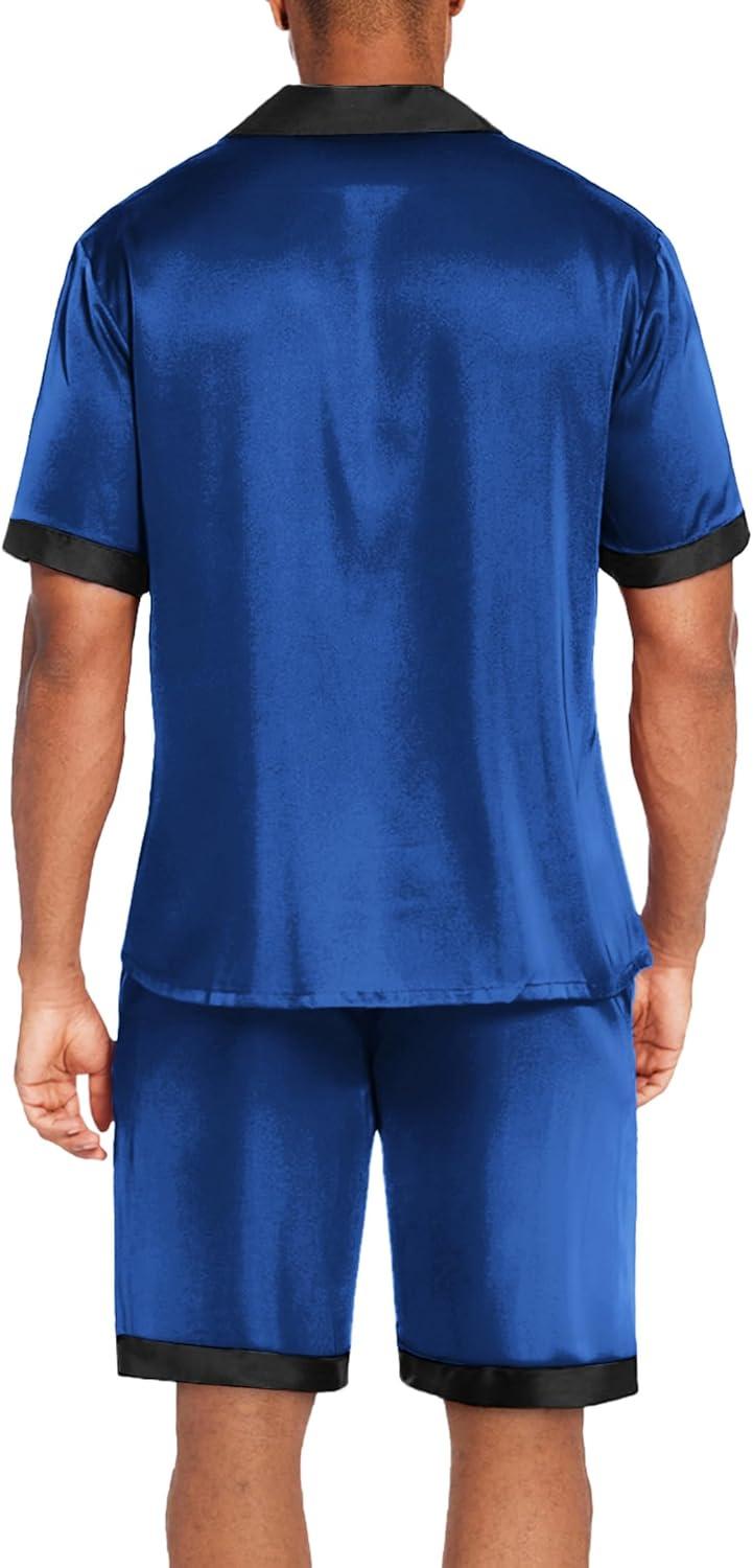 imageEkouaer Men Satin Silk Pajamas Set with Pockets Sleepwear Shorts Satin Summer Loungewear 2 Piece Button Down Set S3XLRoyal Blue
