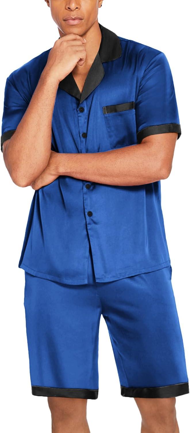 imageEkouaer Men Satin Silk Pajamas Set with Pockets Sleepwear Shorts Satin Summer Loungewear 2 Piece Button Down Set S3XLRoyal Blue