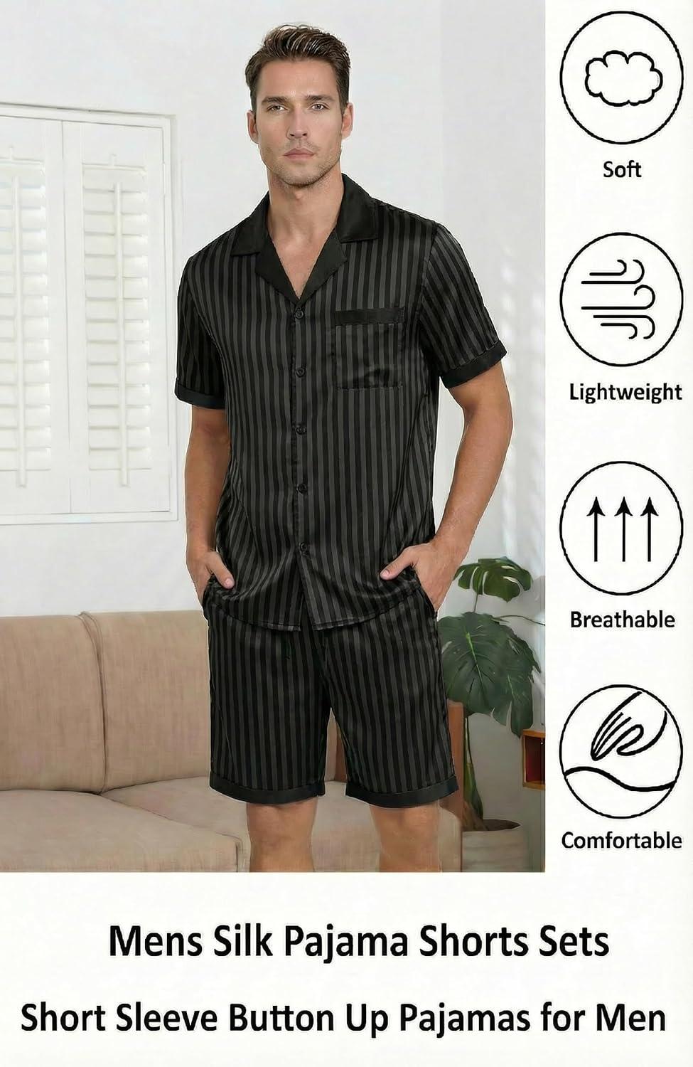 imageEkouaer Men Satin Silk Pajamas Set with Pockets Sleepwear Shorts Satin Summer Loungewear 2 Piece Button Down Set S3XLStripe Black