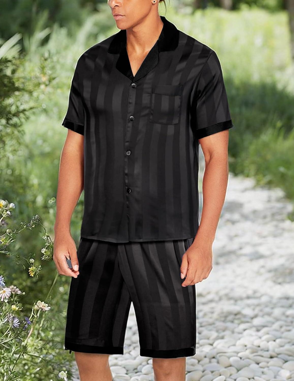 imageEkouaer Men Satin Silk Pajamas Set with Pockets Sleepwear Shorts Satin Summer Loungewear 2 Piece Button Down Set S3XLStripe Black