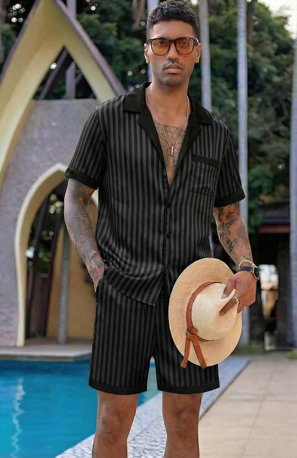 imageEkouaer Men Satin Silk Pajamas Set with Pockets Sleepwear Shorts Satin Summer Loungewear 2 Piece Button Down Set S3XLStripe Black