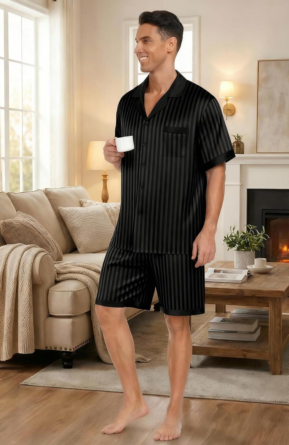 imageEkouaer Men Satin Silk Pajamas Set with Pockets Sleepwear Shorts Satin Summer Loungewear 2 Piece Button Down Set S3XLStripe Black
