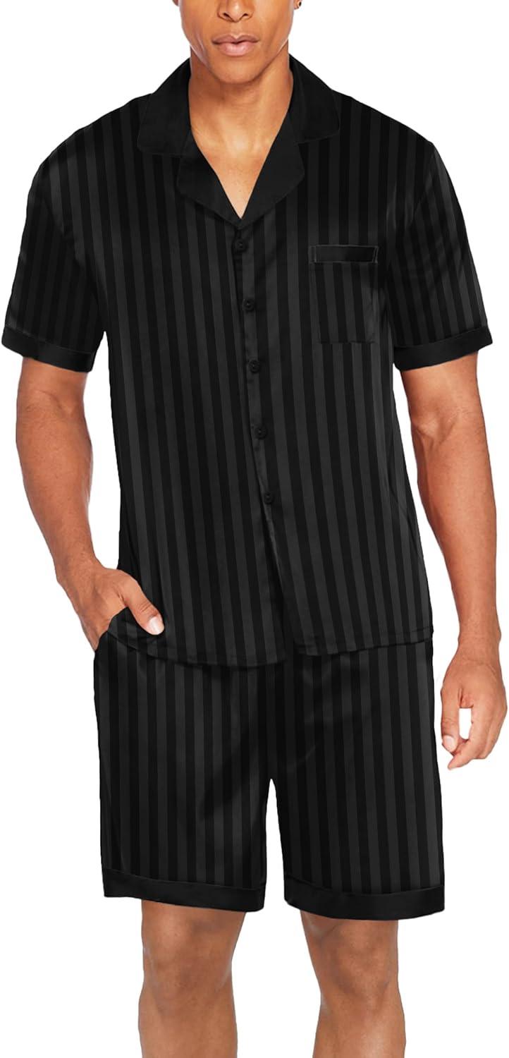 imageEkouaer Men Satin Silk Pajamas Set with Pockets Sleepwear Shorts Satin Summer Loungewear 2 Piece Button Down Set S3XLStripe Black