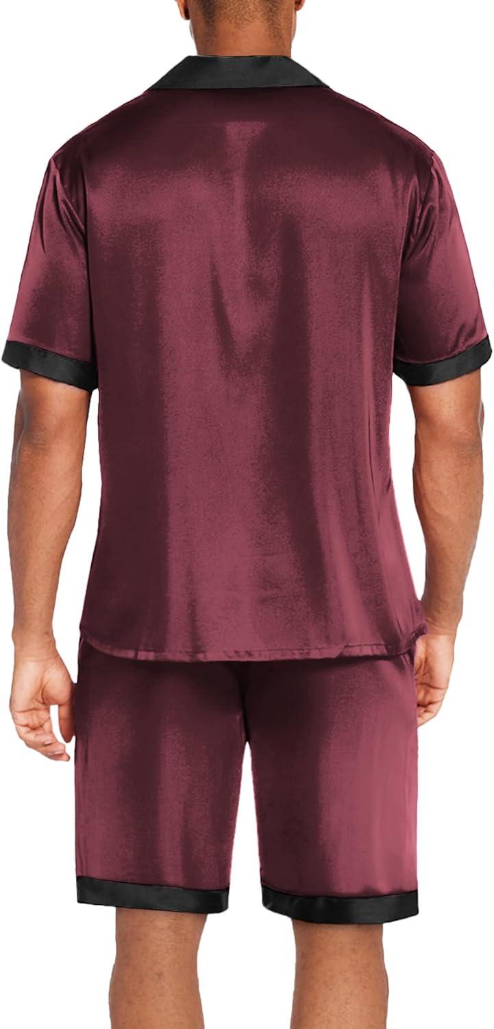 imageEkouaer Men Satin Silk Pajamas Set with Pockets Sleepwear Shorts Satin Summer Loungewear 2 Piece Button Down Set S3XLWine Red