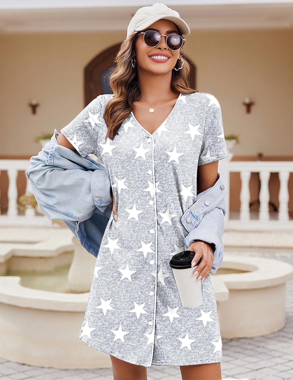 imageEkouaer Nightgowns for Women 2 Pack Button Down Sleepshirt Short Sleeve Nightshirt Soft Sleepwear V Neck Pajama DressBlack FloralGrey Star