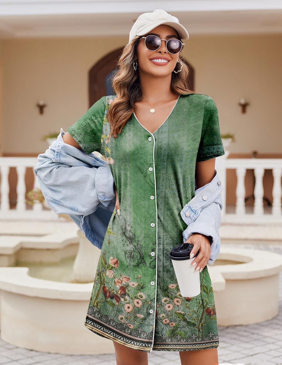 imageEkouaer Nightgowns for Women 2 Pack Button Down Sleepshirt Short Sleeve Nightshirt Soft Sleepwear V Neck Pajama DressBlackGreen Flower