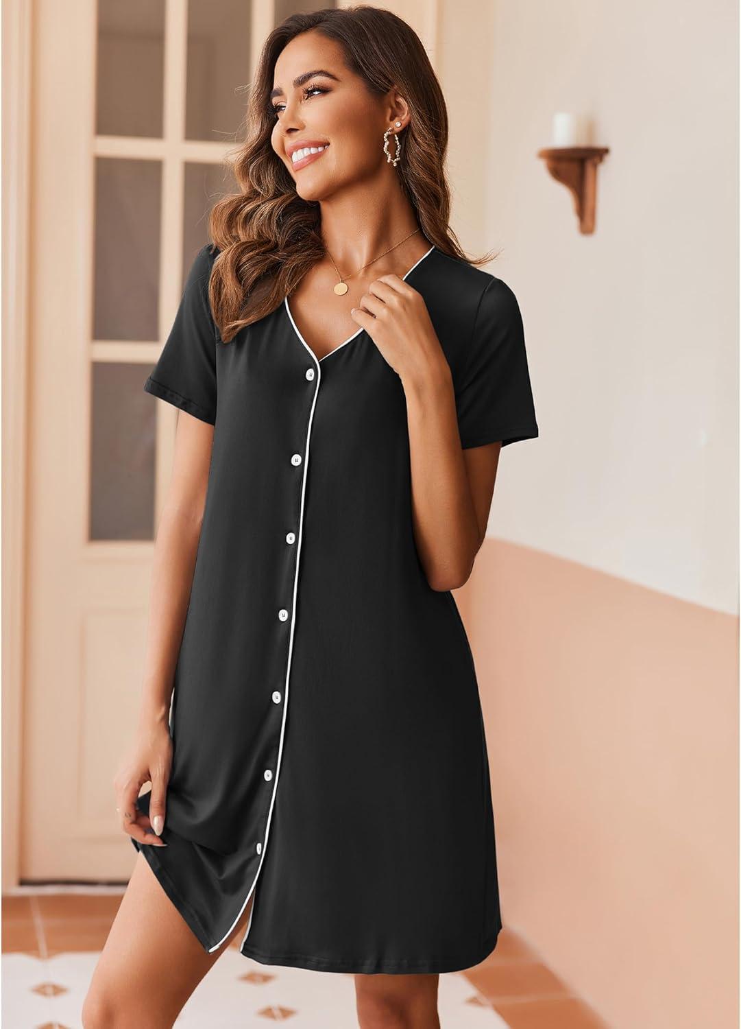 imageEkouaer Nightgowns for Women 2 Pack Button Down Sleepshirt Short Sleeve Nightshirt Soft Sleepwear V Neck Pajama DressBlackGreen White Florals