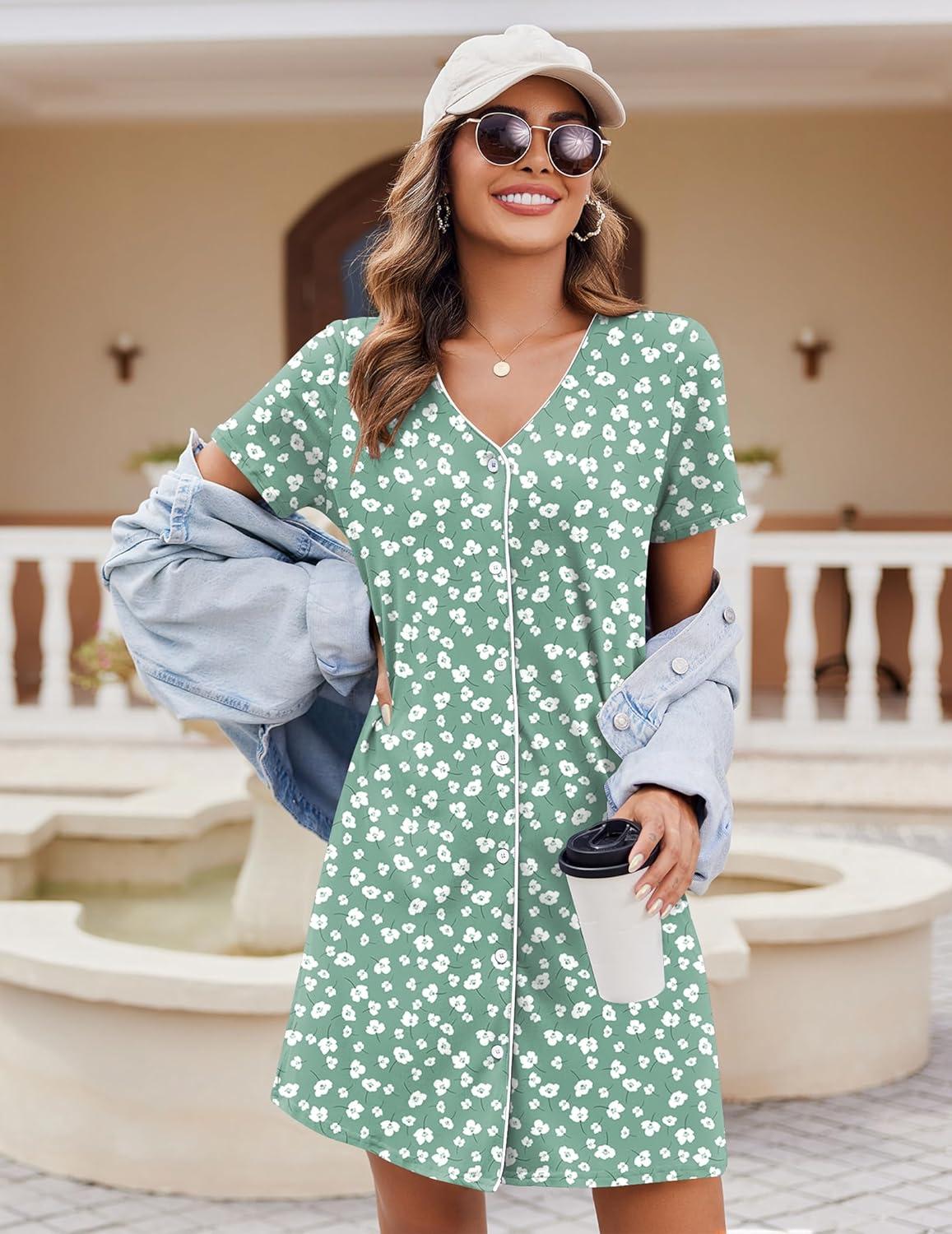 imageEkouaer Nightgowns for Women 2 Pack Button Down Sleepshirt Short Sleeve Nightshirt Soft Sleepwear V Neck Pajama DressBlackGreen White Florals