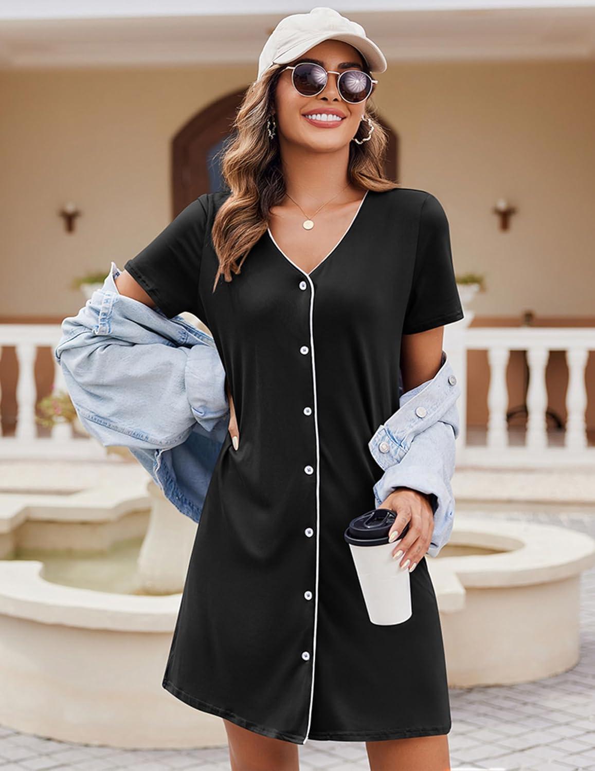 imageEkouaer Nightgowns for Women 2 Pack Button Down Sleepshirt Short Sleeve Nightshirt Soft Sleepwear V Neck Pajama DressBlackGrey Floral