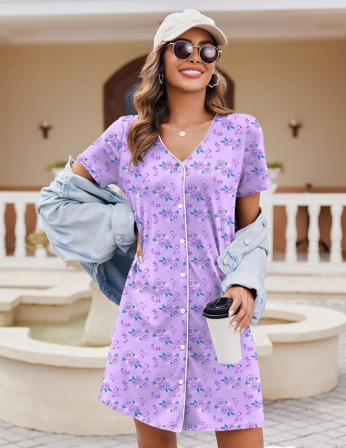 imageEkouaer Nightgowns for Women 2 Pack Button Down Sleepshirt Short Sleeve Nightshirt Soft Sleepwear V Neck Pajama DressBlackLilac White Florals