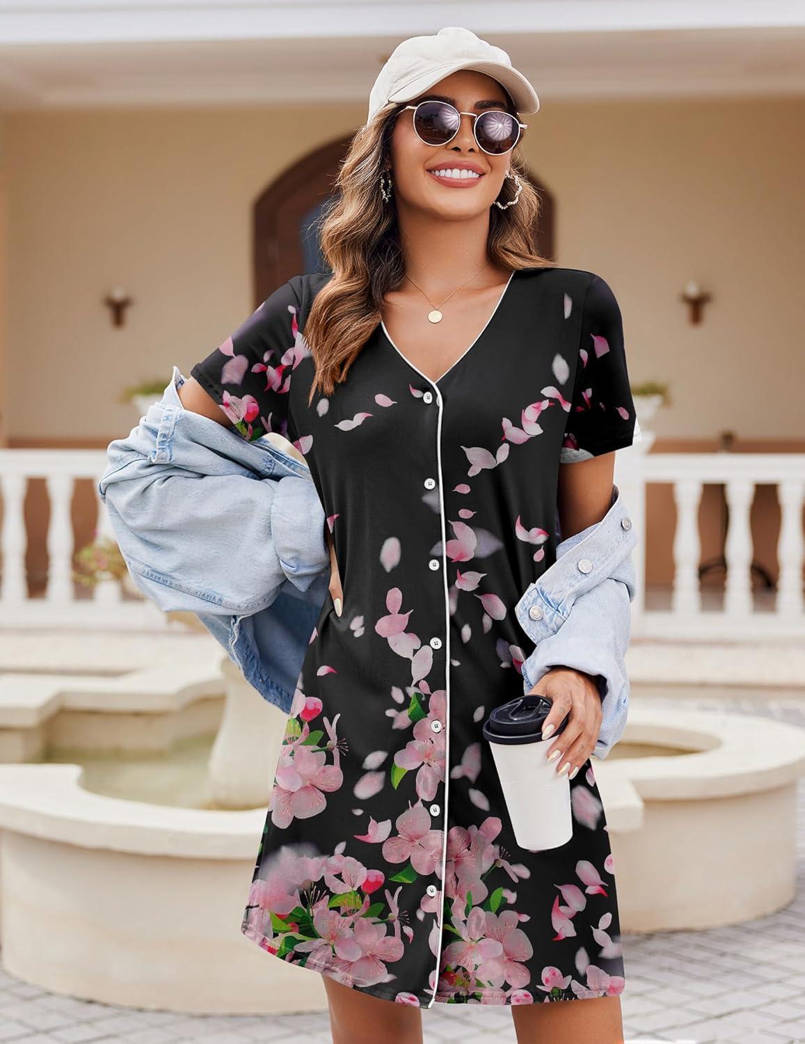 imageEkouaer Nightgowns for Women 2 Pack Button Down Sleepshirt Short Sleeve Nightshirt Soft Sleepwear V Neck Pajama DressBlackPink Flower