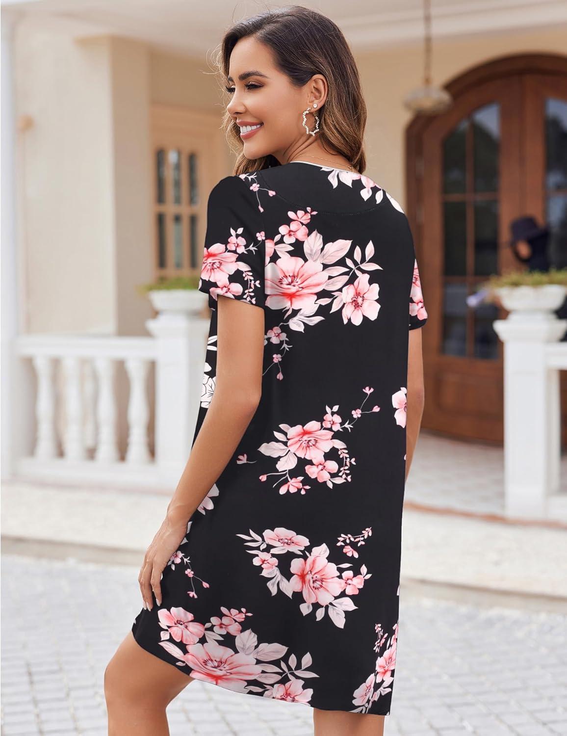 imageEkouaer Nightgowns for Women 2 Pack Button Down Sleepshirt Short Sleeve Nightshirt Soft Sleepwear V Neck Pajama DressNavyBlack Floral