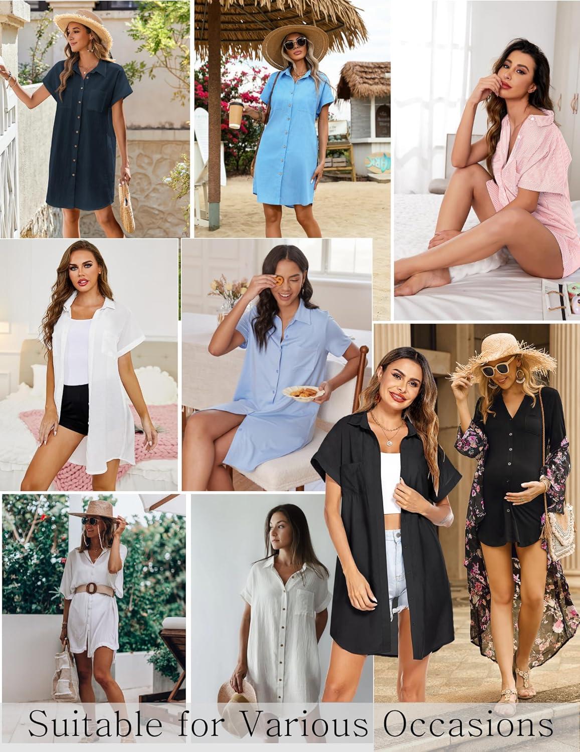 imageEkouaer Nightgowns for Women Button Down V Neck Sleepshirt Short Sleeve Nursing Dress SXXLBlue Green