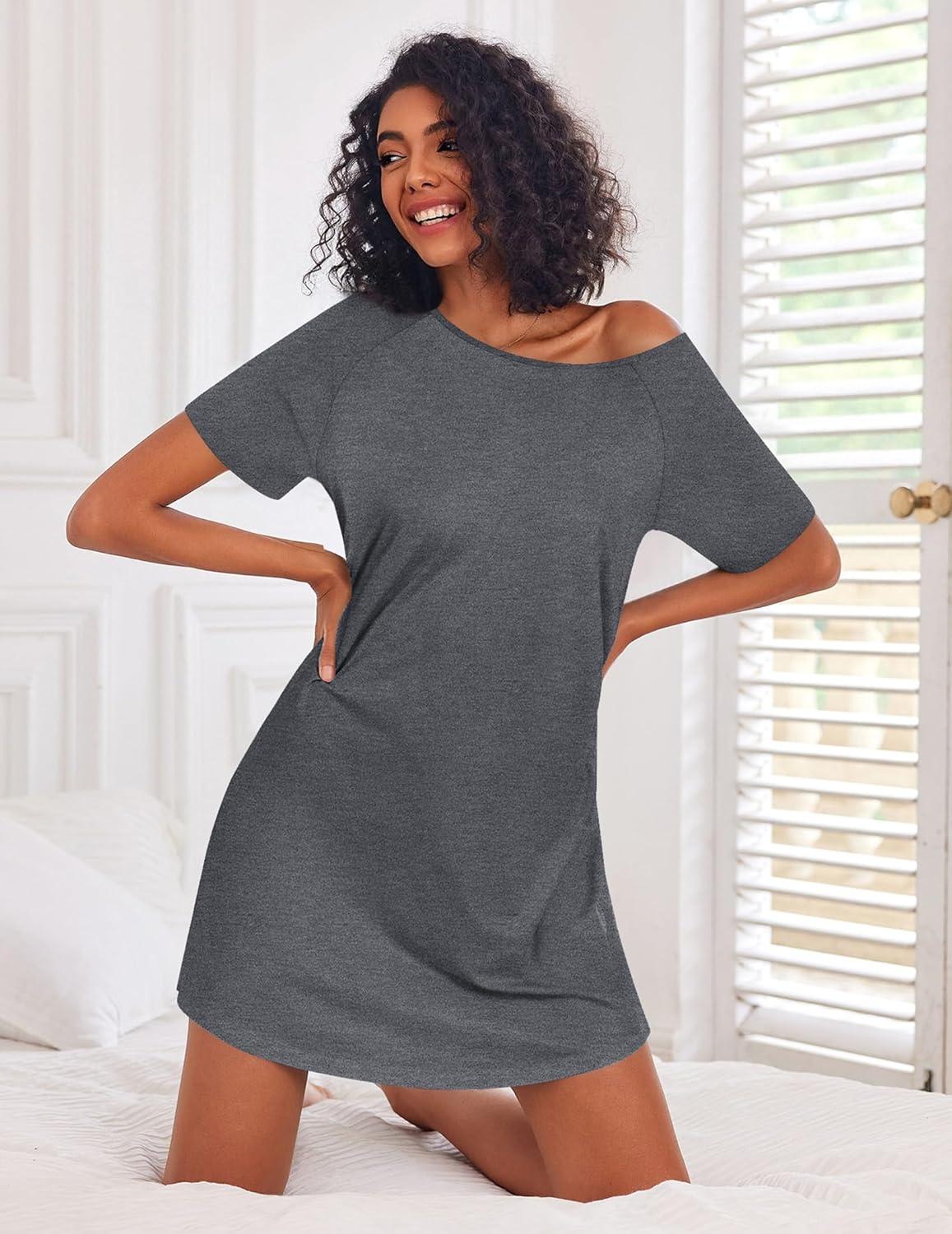 imageEkouaer Nightgowns for Women Cotton Night Gown 3 Pack Sleep Shirts Short Sleeve Nightshirt Soft Sleepwear NightdressBlackNavy BlueAll Grey