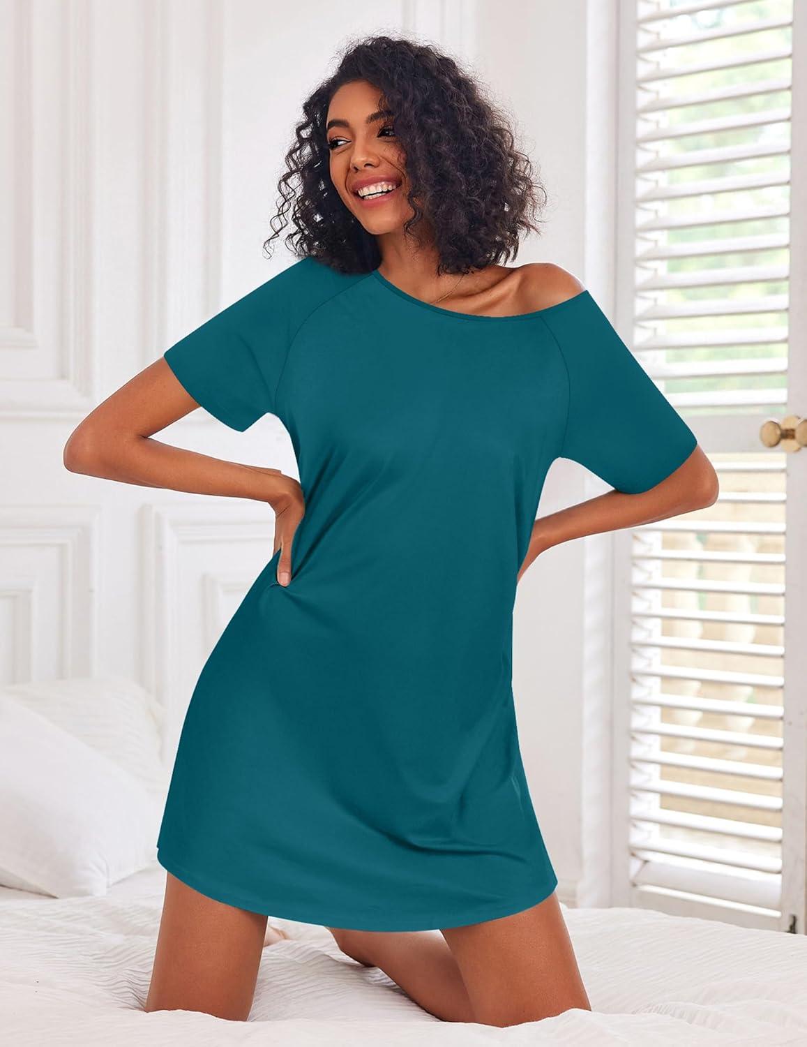 imageEkouaer Nightgowns for Women Cotton Night Gown 3 Pack Sleep Shirts Short Sleeve Nightshirt Soft Sleepwear NightdressBlackNavy BlueBlue Green