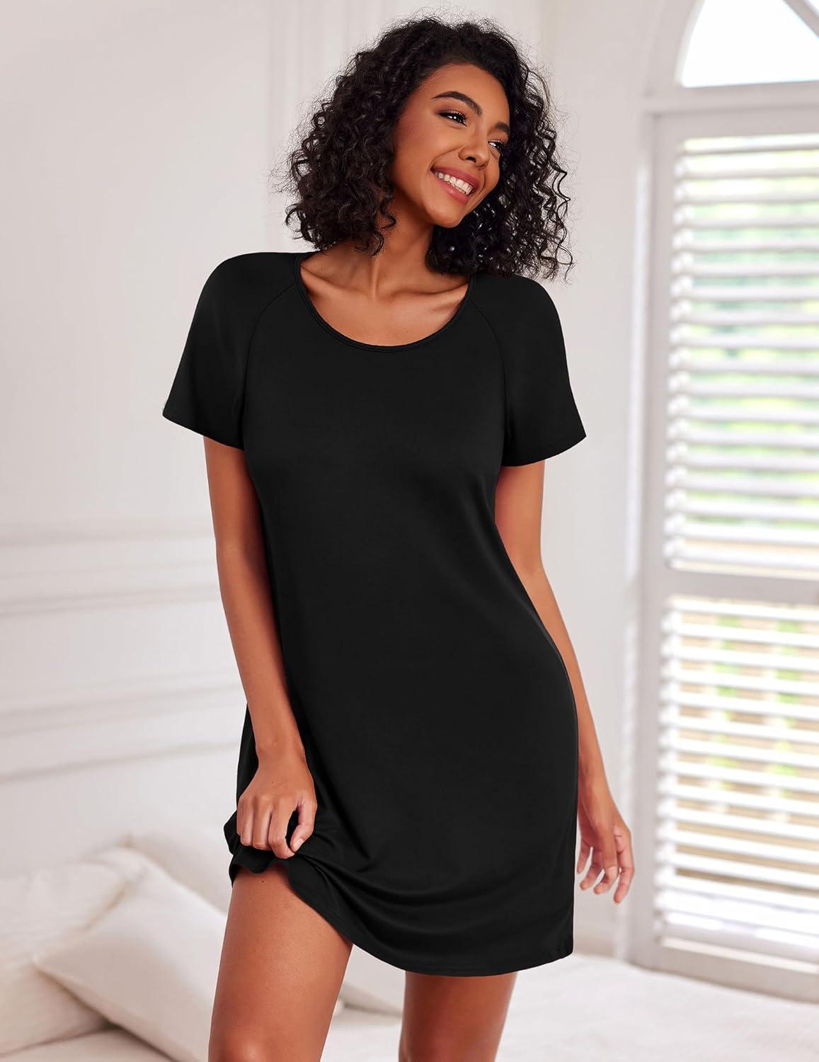 imageEkouaer Nightgowns for Women Cotton Night Gown 3 Pack Sleep Shirts Short Sleeve Nightshirt Soft Sleepwear NightdressBlackNavy BlueGrey Stripes