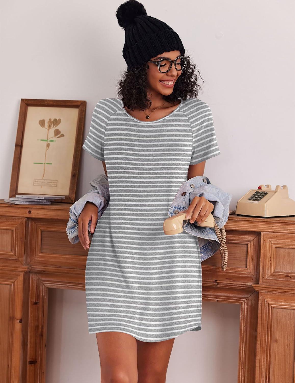 imageEkouaer Nightgowns for Women Cotton Night Gown 3 Pack Sleep Shirts Short Sleeve Nightshirt Soft Sleepwear NightdressBlackNavy BlueGrey Stripes