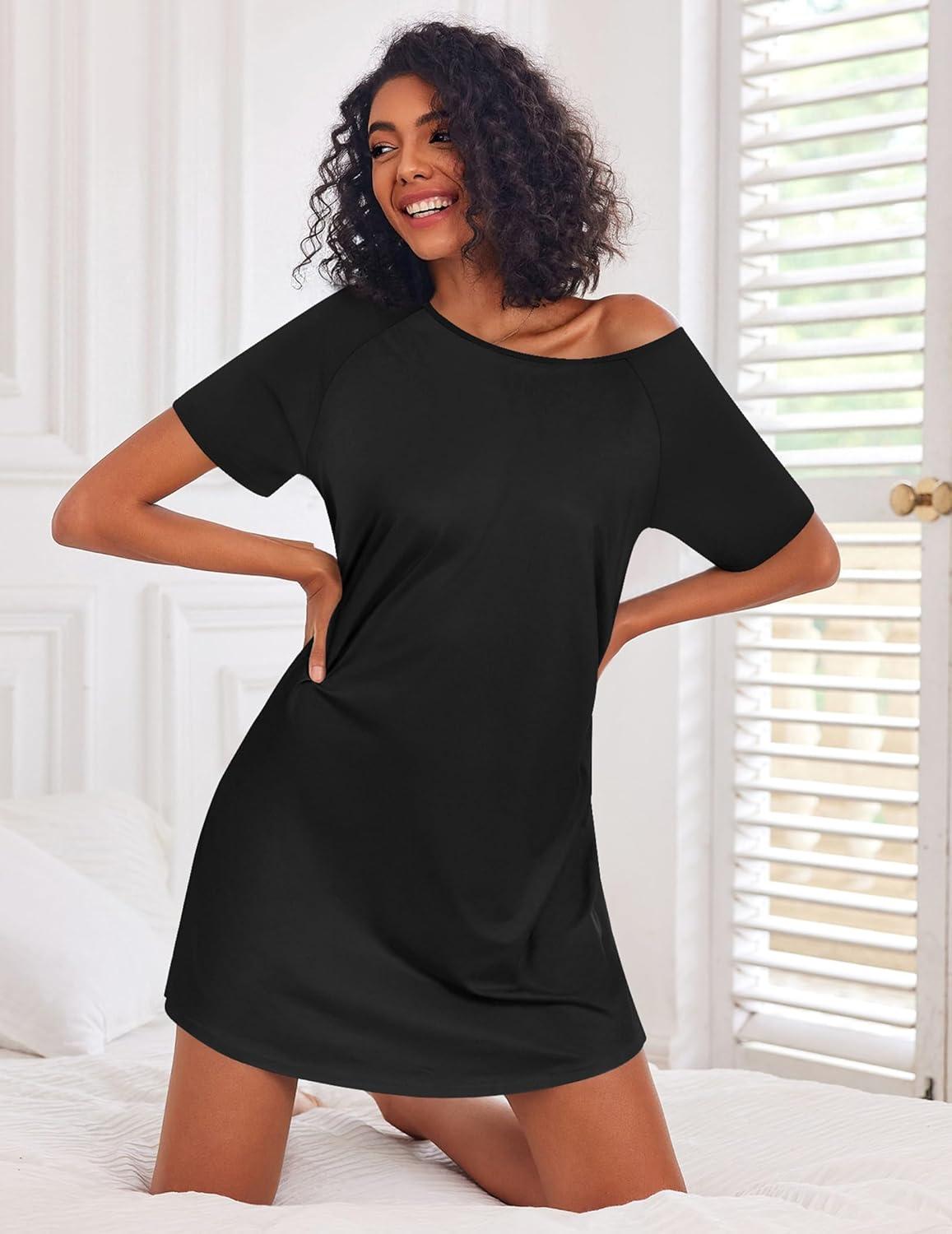 imageEkouaer Nightgowns for Women Cotton Night Gown 3 Pack Sleep Shirts Short Sleeve Nightshirt Soft Sleepwear NightdressBlackNavy BlueWhite Pink Florals