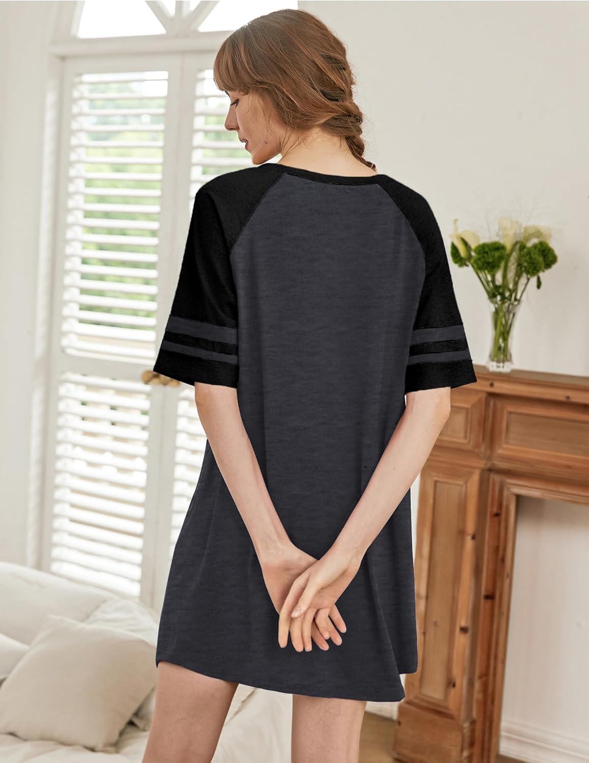 imageEkouaer Nightgowns for Women Short Sleeve Sleepshirts Crew Neck Nightshirts Color Block Pajamas Dress Soft SleepwearDark Grey