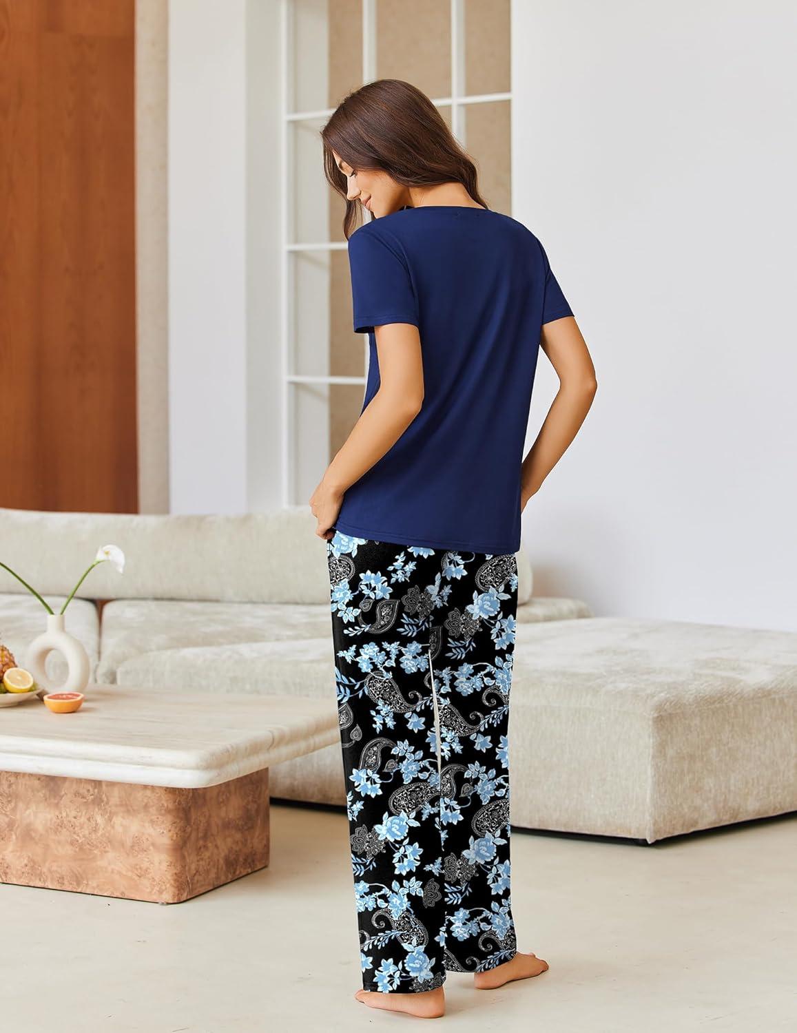 imageEkouaer Pajama Sets for Women Short Sleeve Pj Set V Neck Sleepwear Chest Pocket with Long Pants Casual Loose LoungewearBlack Navy Floral