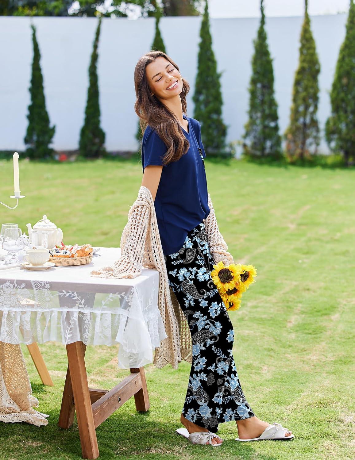 imageEkouaer Pajama Sets for Women Short Sleeve Pj Set V Neck Sleepwear Chest Pocket with Long Pants Casual Loose LoungewearBlack Navy Floral