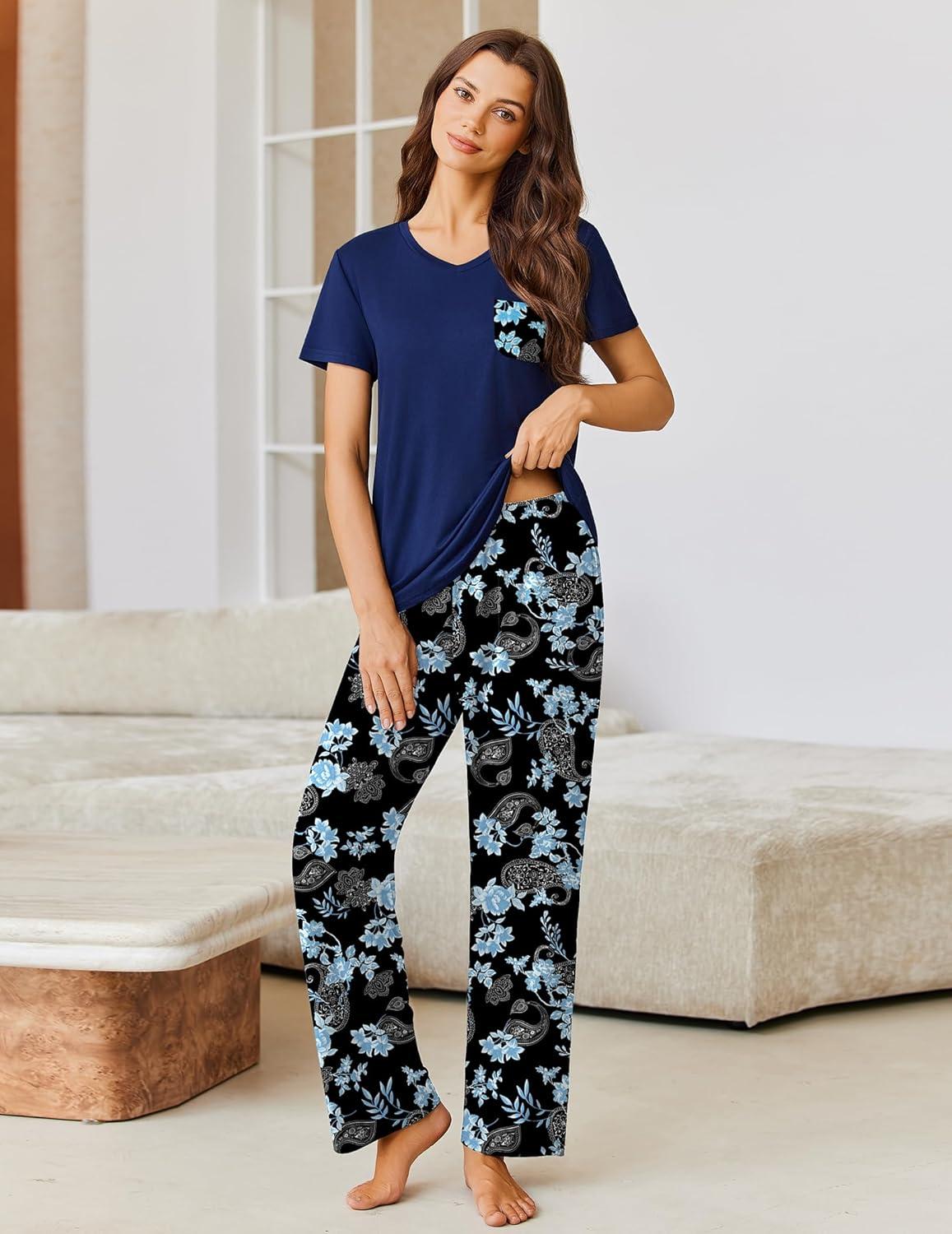 imageEkouaer Pajama Sets for Women Short Sleeve Pj Set V Neck Sleepwear Chest Pocket with Long Pants Casual Loose LoungewearBlack Navy Floral