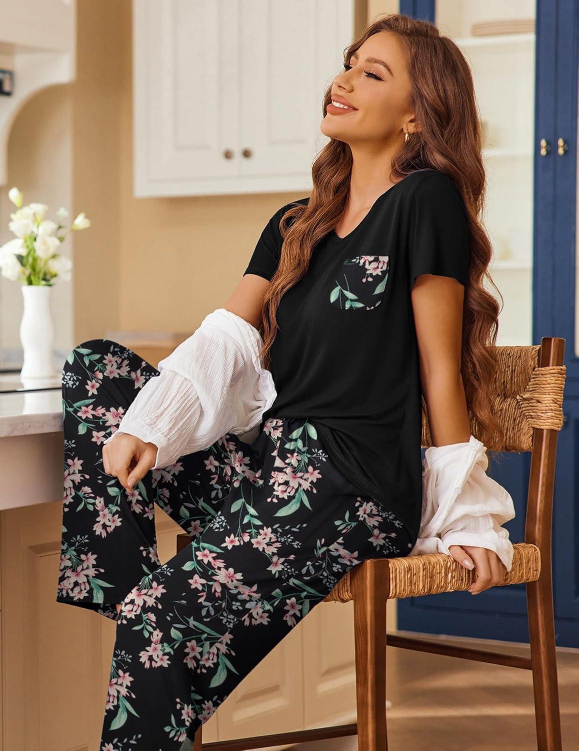imageEkouaer Pajama Sets for Women Short Sleeve Pj Set V Neck Sleepwear Chest Pocket with Long Pants Casual Loose LoungewearBlackpink Floral