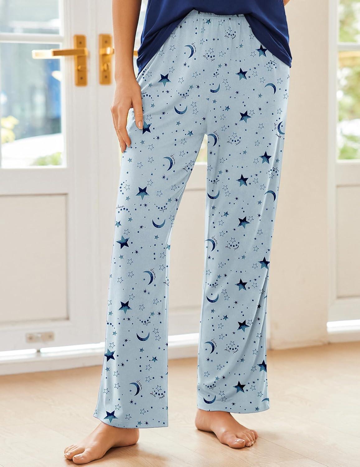 imageEkouaer Pajama Sets for Women Short Sleeve Pj Set V Neck Sleepwear Chest Pocket with Long Pants Casual Loose LoungewearBluenavy Star