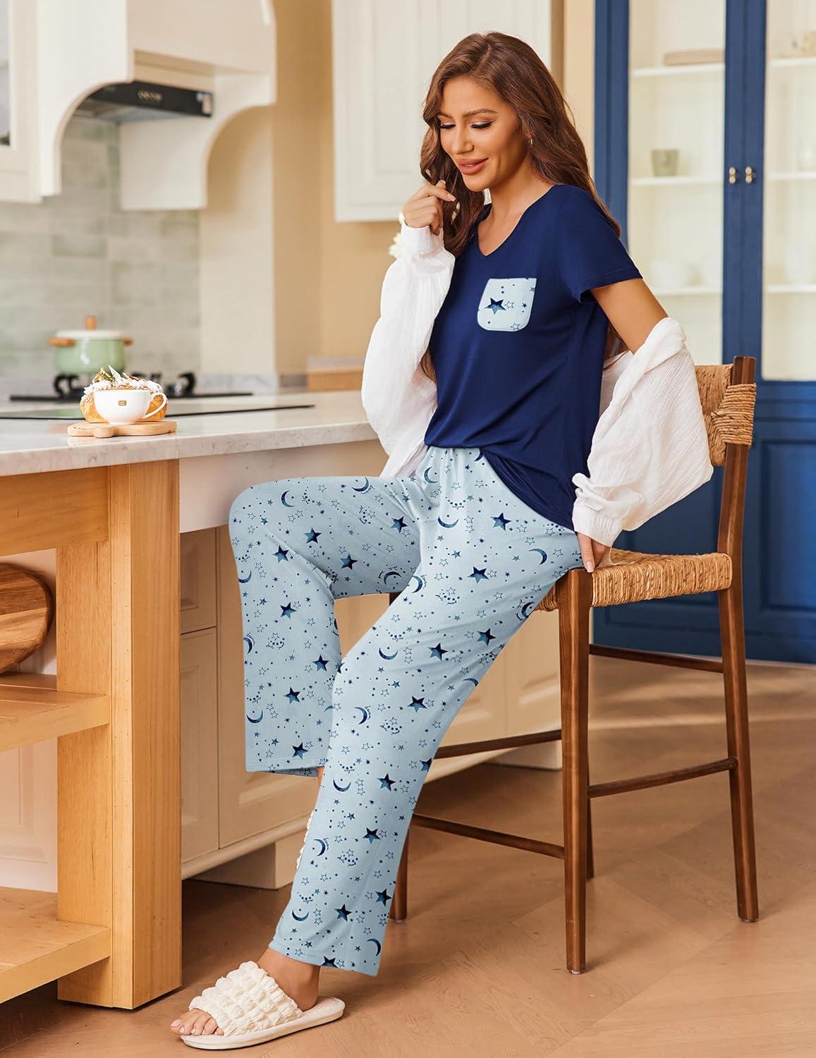 imageEkouaer Pajama Sets for Women Short Sleeve Pj Set V Neck Sleepwear Chest Pocket with Long Pants Casual Loose LoungewearBluenavy Star