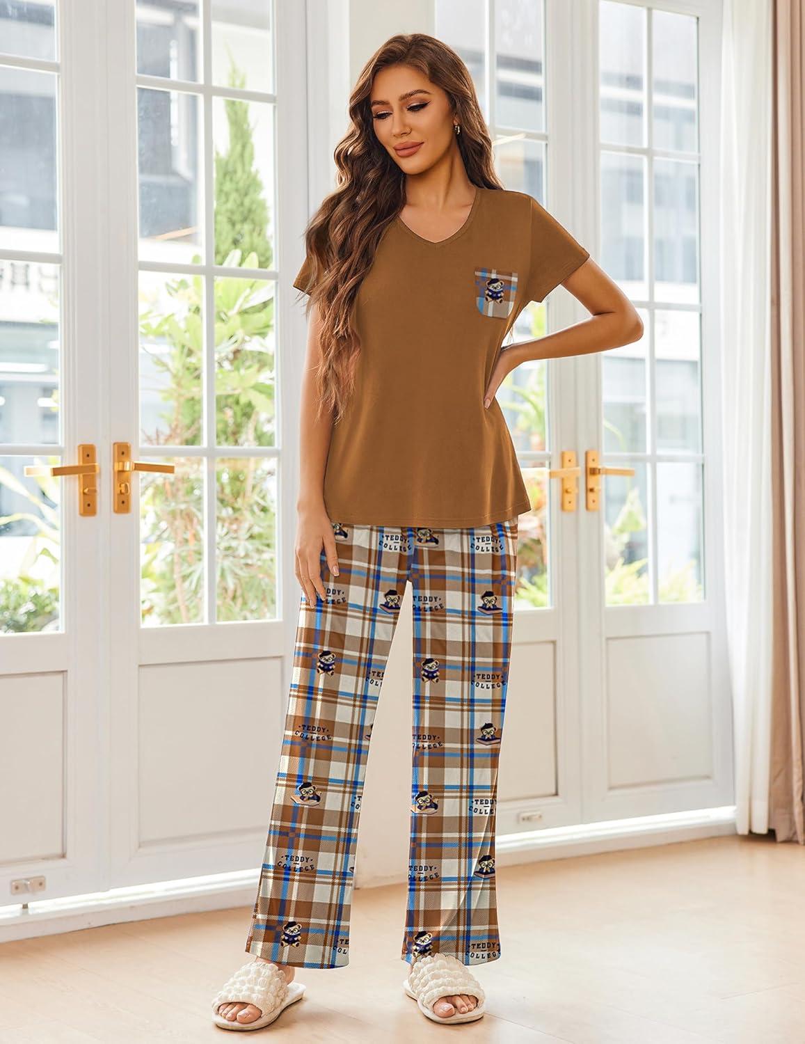 imageEkouaer Pajama Sets for Women Short Sleeve Pj Set V Neck Sleepwear Chest Pocket with Long Pants Casual Loose LoungewearBrown Bear
