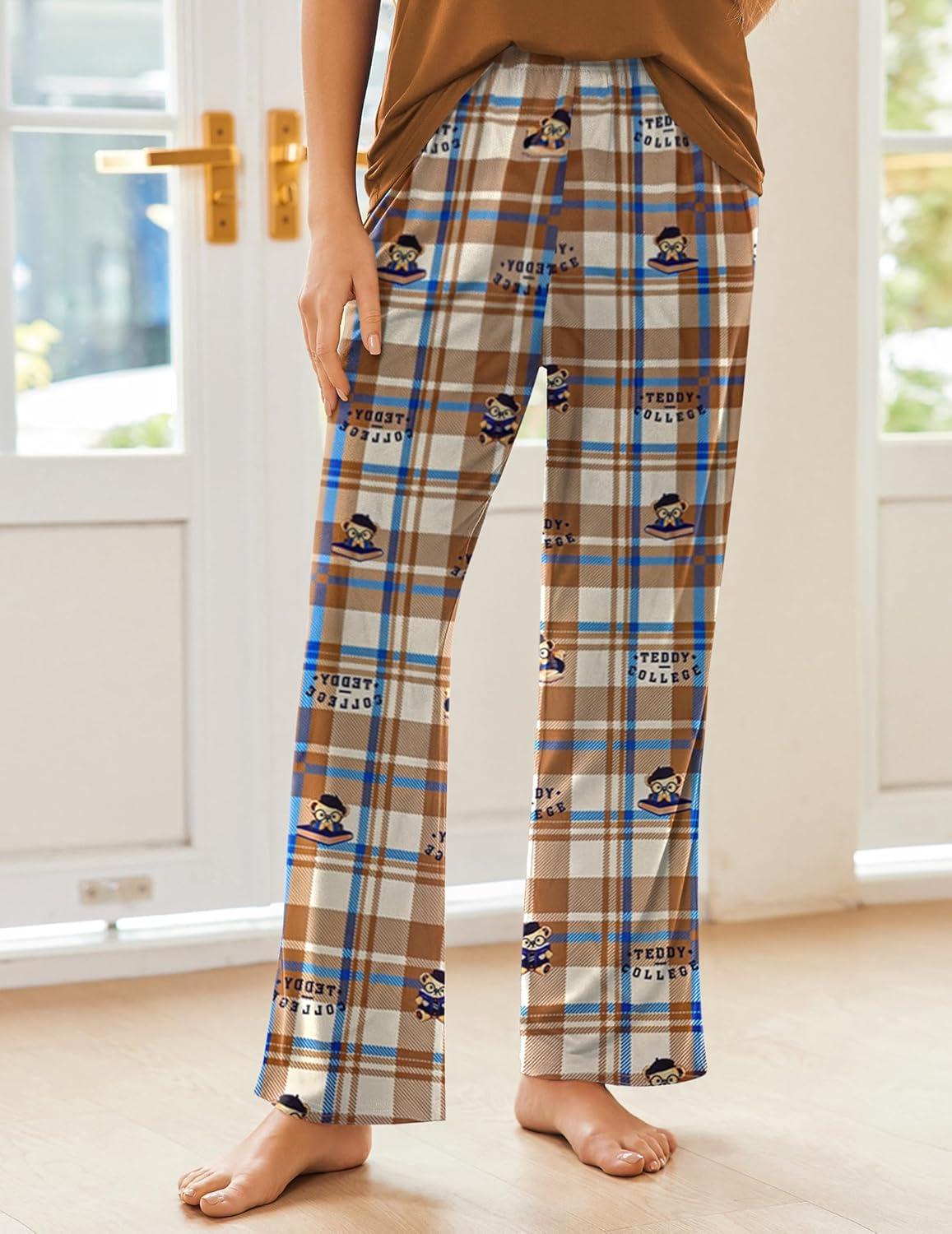 imageEkouaer Pajama Sets for Women Short Sleeve Pj Set V Neck Sleepwear Chest Pocket with Long Pants Casual Loose LoungewearBrown Bear