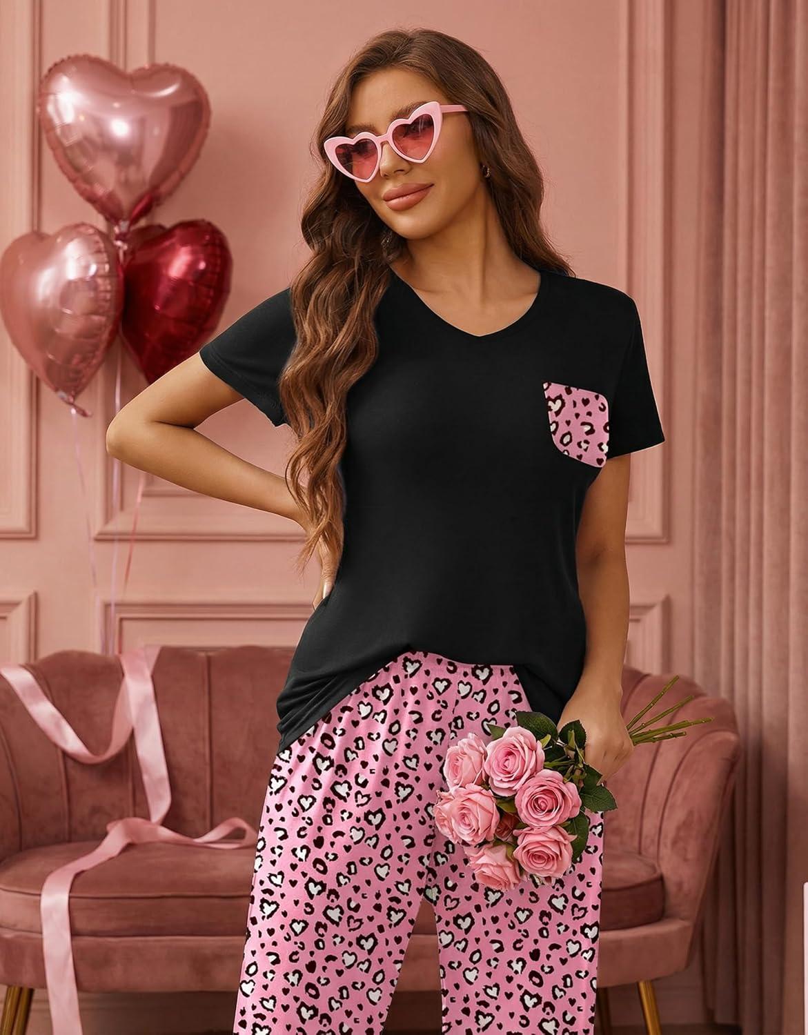 imageEkouaer Pajama Sets for Women Short Sleeve Pj Set V Neck Sleepwear Chest Pocket with Long Pants Casual Loose LoungewearLeopard Pink Love