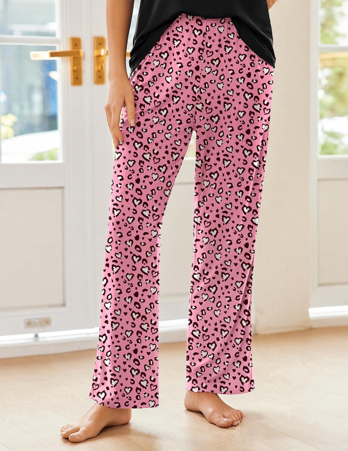imageEkouaer Pajama Sets for Women Short Sleeve Pj Set V Neck Sleepwear Chest Pocket with Long Pants Casual Loose LoungewearLeopard Pink Love