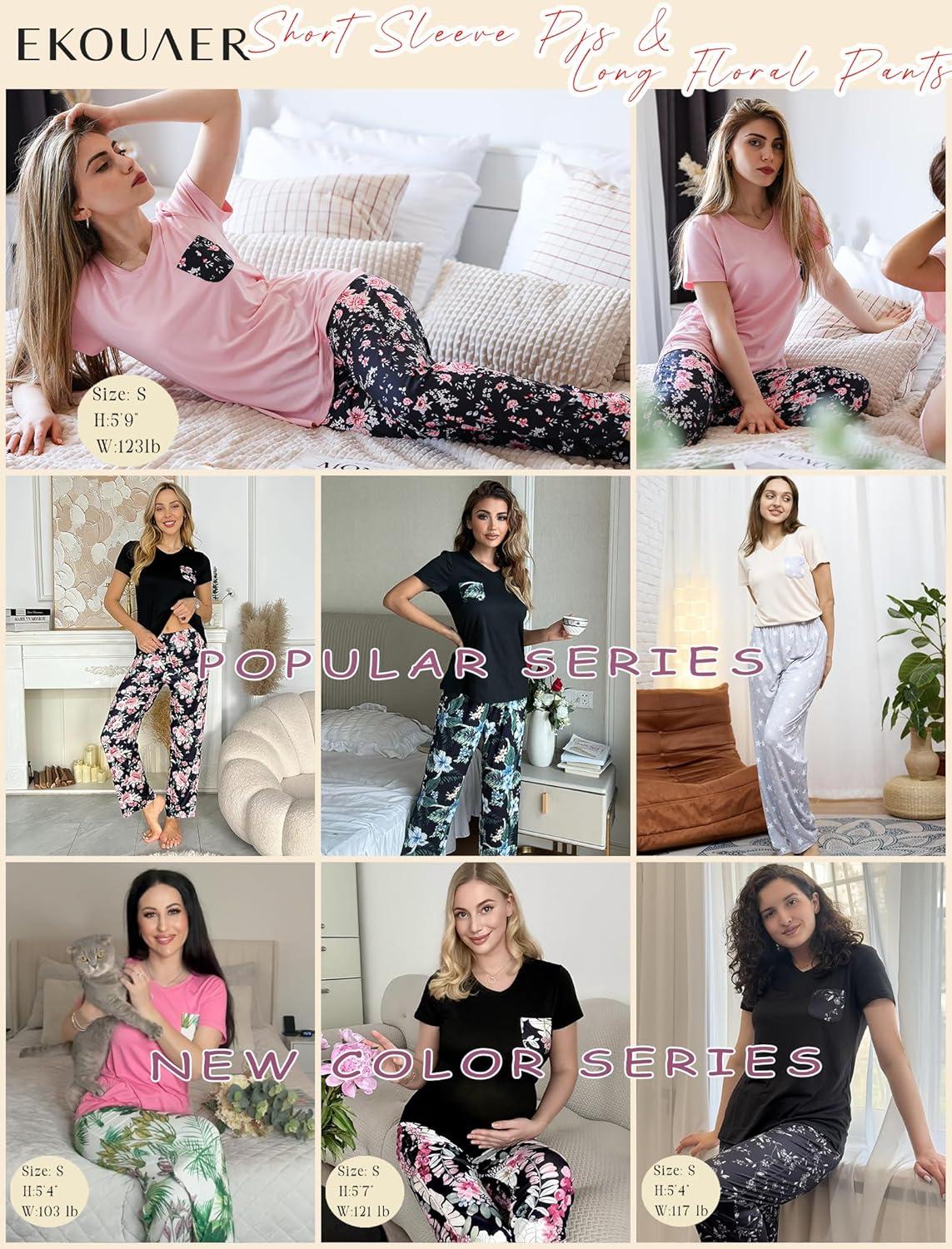 imageEkouaer Pajama Sets for Women Short Sleeve Pj Set V Neck Sleepwear Chest Pocket with Long Pants Casual Loose LoungewearNavy Striped