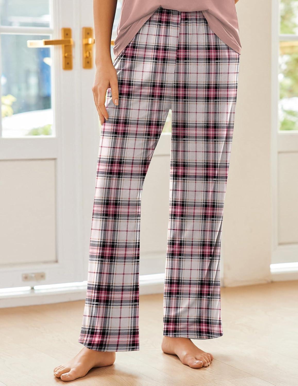 imageEkouaer Pajama Sets for Women Short Sleeve Pj Set V Neck Sleepwear Chest Pocket with Long Pants Casual Loose LoungewearPink Plaid