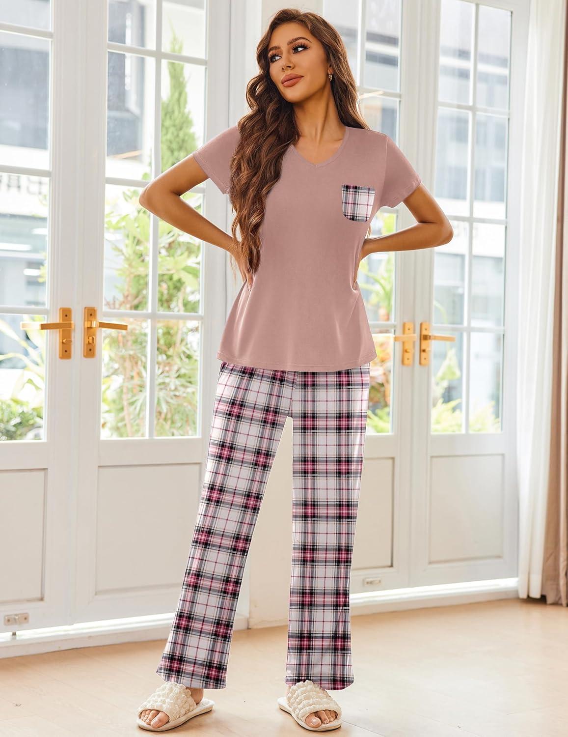 imageEkouaer Pajama Sets for Women Short Sleeve Pj Set V Neck Sleepwear Chest Pocket with Long Pants Casual Loose LoungewearPink Plaid