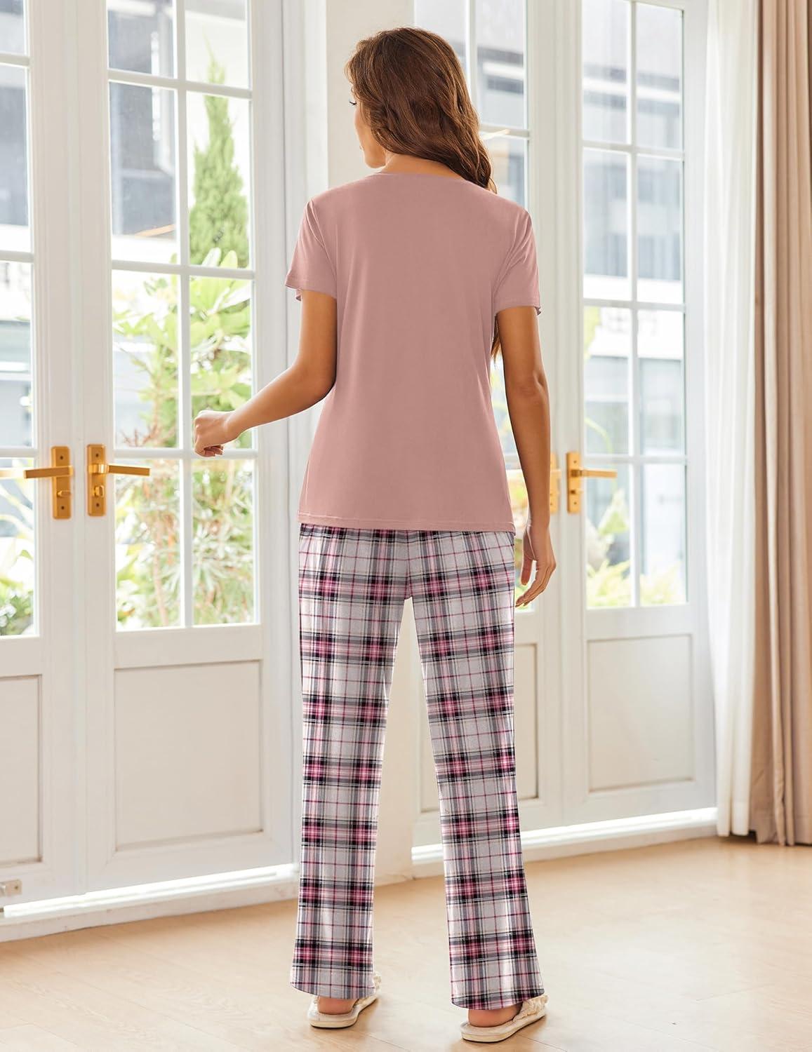imageEkouaer Pajama Sets for Women Short Sleeve Pj Set V Neck Sleepwear Chest Pocket with Long Pants Casual Loose LoungewearPink Plaid